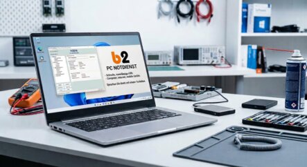 IT-Service-Techniker arbeitet an einem Laptop bei einem Kunden zu Hause